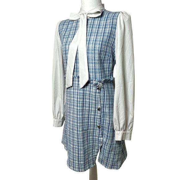 90s Clueless Preppy Style Blue Plaid Tweed Lady Dress Coquette Academia MEDIUM - Picture 4 of 10